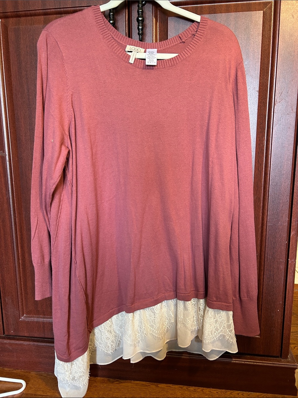 LOGO by Lori Goldstein Dusty Rose Lace-Hem Layered Sweater Top
